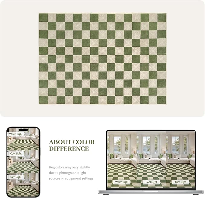 Washable Green Checkered Rug 5x7, Non-Slip Low Pile Area Rug for Living Room, Bedroom, Nursery, Modern Neutral Farmhouse Checkerboard Carpet, Pet & Kid Friendly