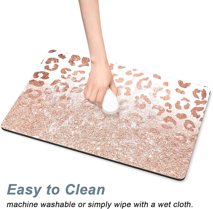 Rnivvi Dog Food Mat, 16" x 24" Leopard Absorbent Dog Cat Bowl Mat for Food and Water, Cute Anti-Slip Rubber Pet Feeding Rug Protect Floors, Puppy Placemat for Feeding & Watering Supplies, Rose