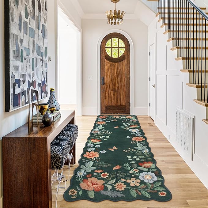 Lahome Floral Hallway Runner, 2X6 Washable Runner Rug Non-Slip, Ultra-Thin Soft Stain Resistant Boho Low-Pile Carpet for ‎Kitchen Laundry Bathroom Bedroom, Dark Green