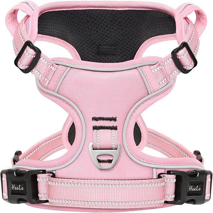HEELE Dog Harness, No Pull Adjustable Padded Reflective Harness for Small Medium Large Dogs with Handle for Walking Training, Pink, L