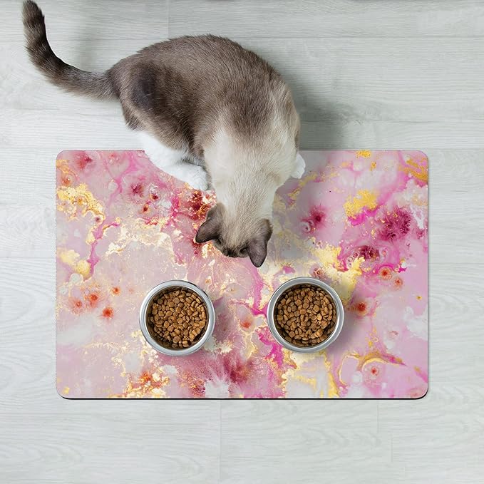 Rnivvi Dog Food Mat, 12" x 19" Absorbent Dog Cat Bowl Mat for Food and Water, Cute Anti-Slip Rubber Pet Feeding Rug Protect Floors, Puppy Placemat for Feeding & Watering Supplies, Pink Gold