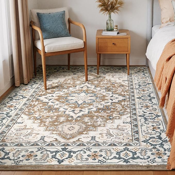 Lessymo 5x7 Area Rug for Living Room - Machine Washable Area Rugs, Super Soft Faux-Wool Area Rugs for Bedroom Kitchen, Boho Area Rug Vintage Floral Non-Slip Low Pile, Brown