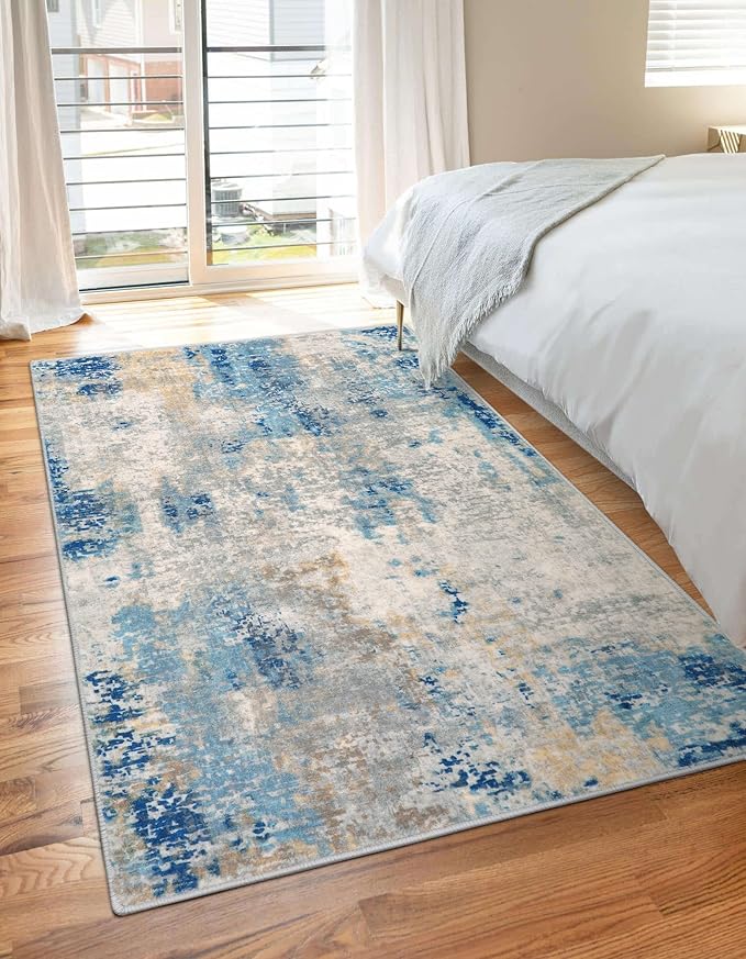 Lahome Modern Abstract Area Rug 3x5, Washable Bedroom Rug Soft Throw Entry Mat Contemporary Faux Wool Non-Slip Stain Resistant Carpet for Living Room Kitchen Bath Office, Blue/Yellow/Ivory