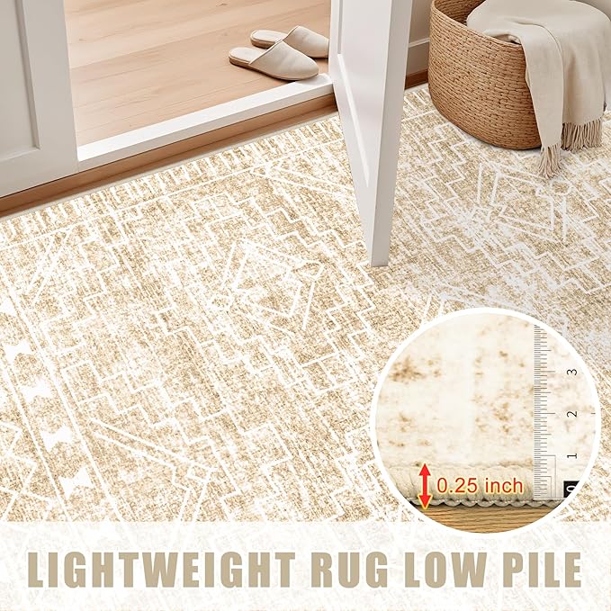 5x7 Area Rugs Living Room Rug: Washable Rug Neutral Lagre Soft Thin Carpet Indoor Floor Non Slip Boho Geometric Moroccan Carpets for Bedroom Dining Room Farmhouse Nursery Office - Beige