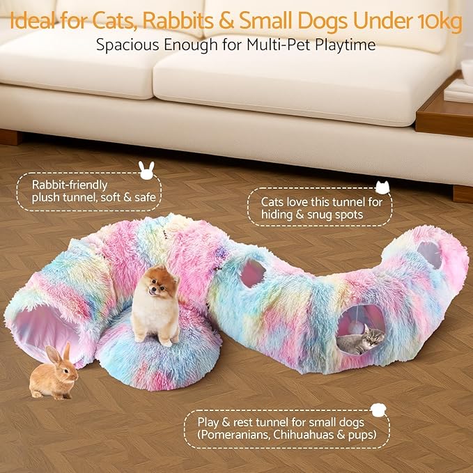Cat Tunnel Bed, Collapsible Cat Tunnel with Washable Cushion,3-in-1 Multi-Functional Play Tunnel with Peek Holes & Ears, Indoor Playhouse for Cats Kittens Rabbits Small Dogs,Gift for Pet