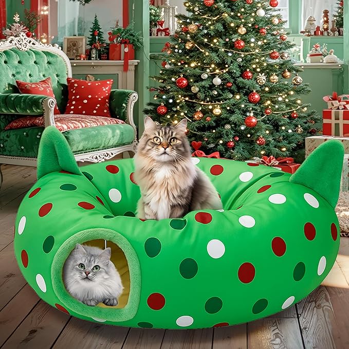 Cat Tunnel Christmas Tree Skirt, 3ft x 3ft x 9.8in Cat Tunnels for Indoor Cats, Grinch Cat Tunnel Bed with Hanging Ball and Cat Ears, Kitten Toys for Indoor Kittens Puppy Rabbit Ferret