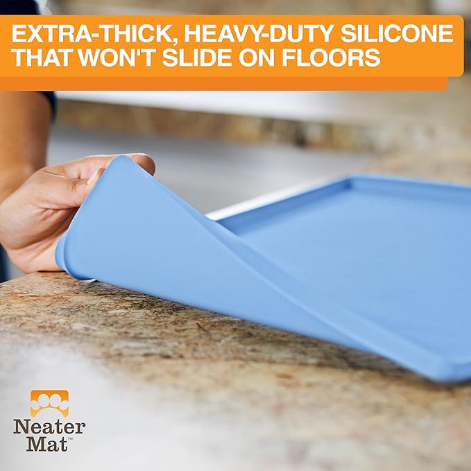 Neater Pet Brands Neater Mat Pet Mats for Food and Water, Cat & Dog Bowl Mat Waterproof Silicone, Feeding Tray, Dog Food Mats for Floors, Placemat w/Raised Edge for Under Bowls, 16” x 10”, Light Blue