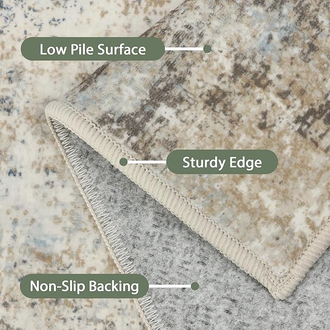 Area Rugs 5x7 for Living Room Bedroom, Modern Abstract Machine Washable Rug, Large Soft Low Pile Floor Carpet with Non Slip Backing for Dining Room, Blue/Taupe