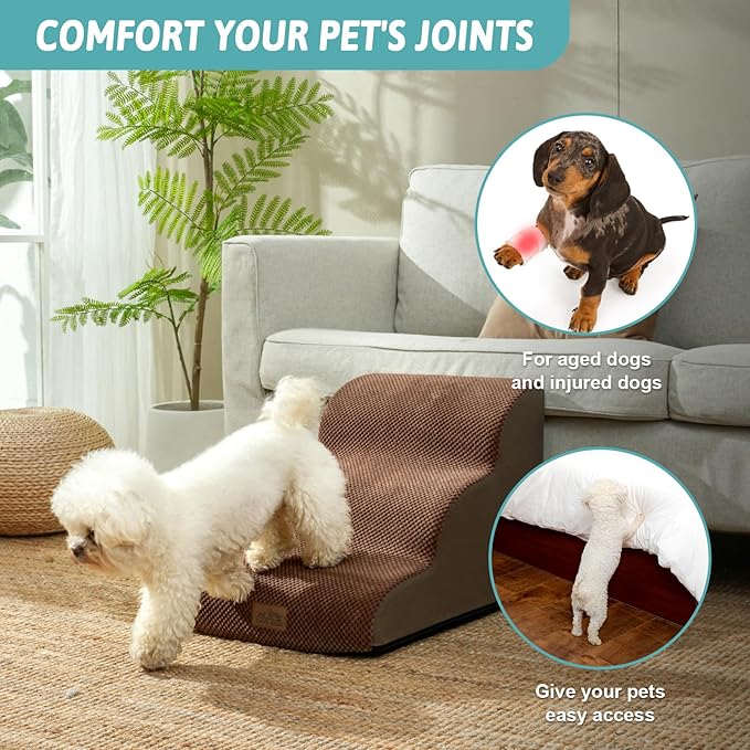 Dog Stairs for Small Dogs 15.7" H, Curved Dog Step for Puppy, Older Cat, Medium Pet Ramp for Sofa, Couch or Chair, Ladder with High Density Foam, 3 Step, 15.7x22.4x15.7 inch, Brown