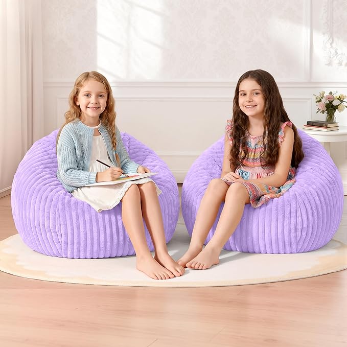 Homguava 2Pcs of 2FT Bean Bag Chair, 2' Small Bean Bags with Memory Foam Filled, Beanbag Chairs with Machine Washable Cover Dutch Corded Plush Cover for Classroom,Living Room,Bedroom-Purple