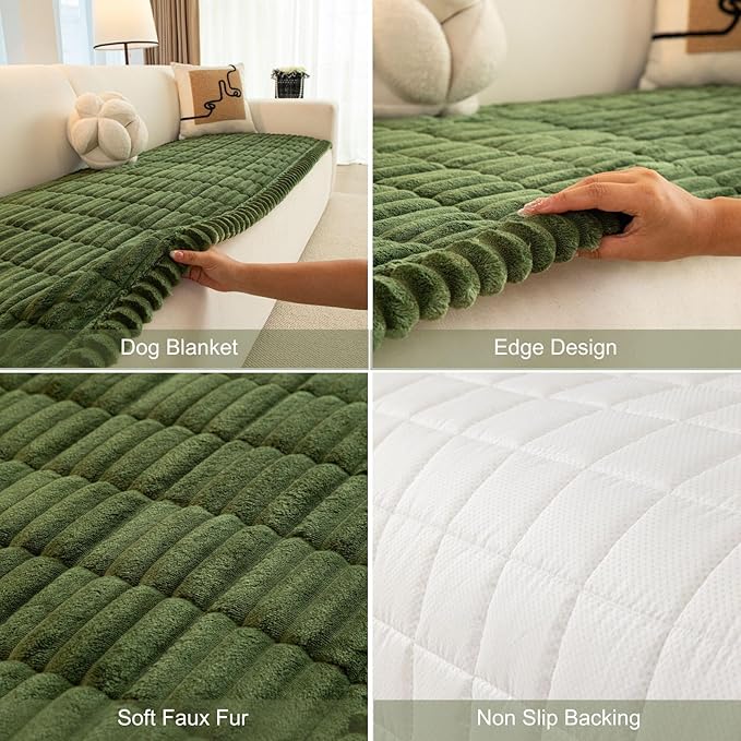 Christmas Faux Fur Plush Dog Couch Cover, 3D Stripe Fuzzy Sofa Covers, Non-Slip Fluffy Dog Bed Cover Pet Blanket, Washable Furniture Protector for Puppy Cat (Dark Green,35"x94")