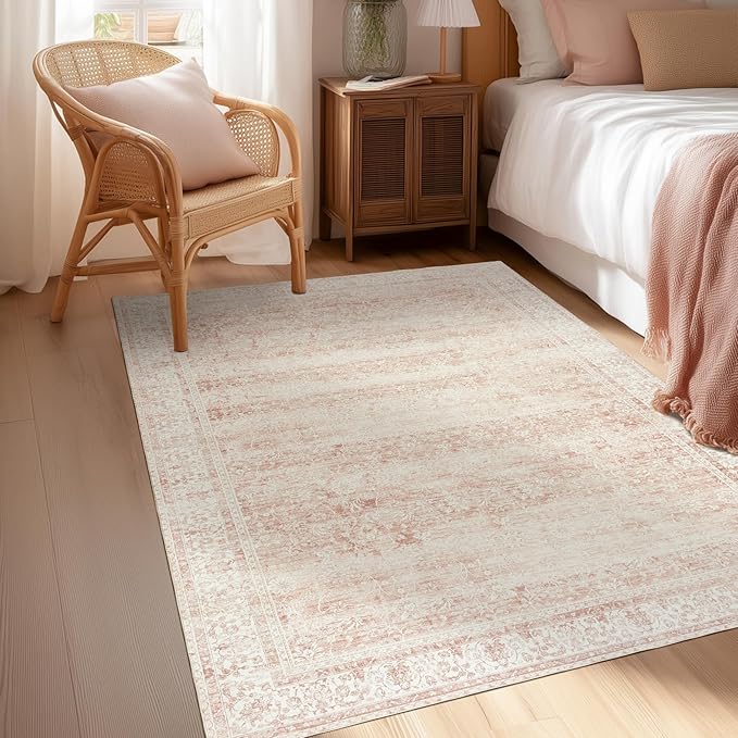 Vintage Pink Rug 3x5 Washable Non Slip Floral Aesthetic Indoor Rugs for Entryway Kitchen Low Pile Carpet for Laundry Room Bathroom Front Door Mat for Entrance 3 x 5
