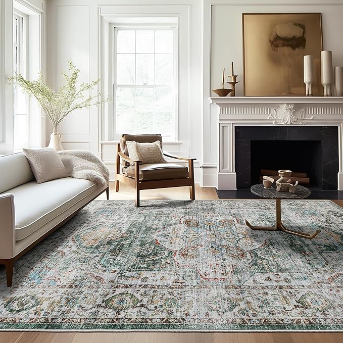 Washable Rug 8x10 Area Rugs for Living Room - Stain Resistant Non-Slip Backing Rugs for Bedroom - Vintage Large Area Rug (Green, 8'x10')