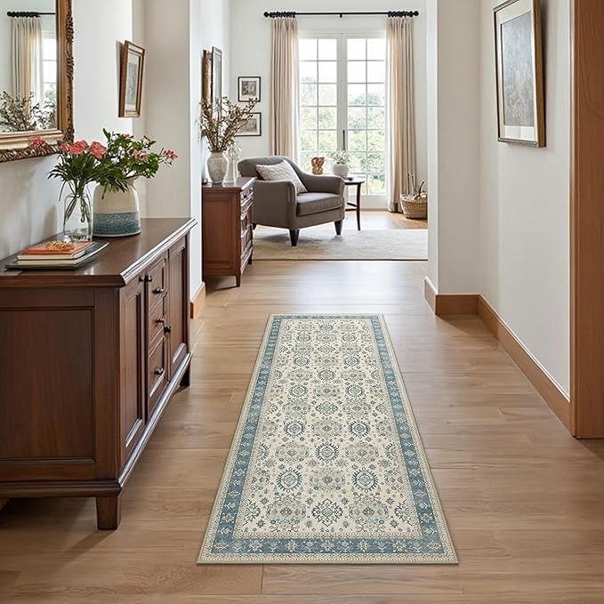 2x5 Runner Rug Machine Washable Boho Runners for Hallway,Ultra-Thin Low Pile Rug,Lightweight Indoor Carpet,Non Slip Floral Runners for Enrtyway, Corridor, Home Office, Kitchen,Aqua Blue