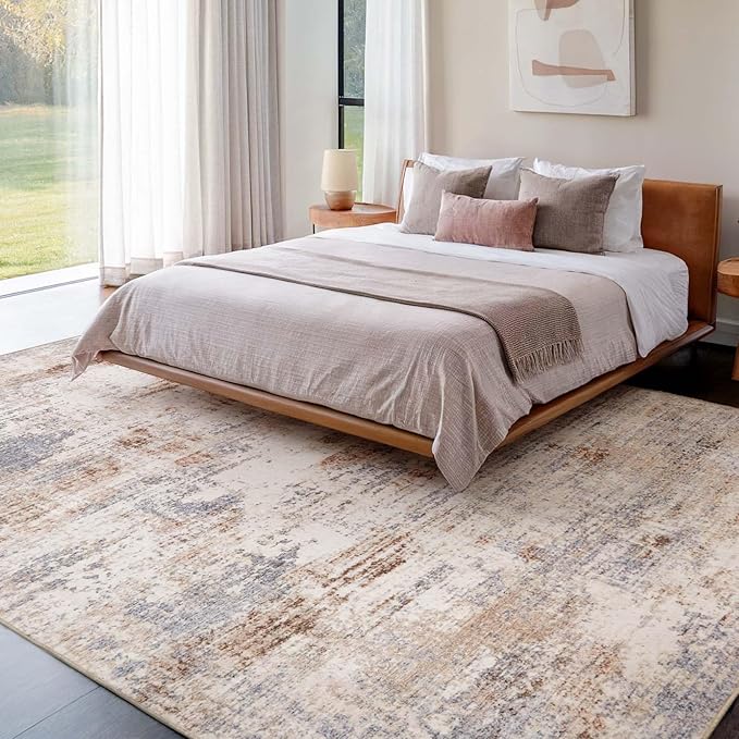 Area Rug Living Room Washable Rugs: 9x12 Modern Neutral Abstract Low Pile Non Slip Floor Carpet - Large Soft Thin Stain Resistant Rug for Bedroom Dining Indoor Office Home, Brown Grey