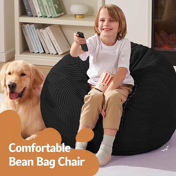 Homguava 2.5FT Bean Bag Chair,Teardrop Bean Bags Small Beanbag Chair with Memory Foam Filled and Ultra Soft Corduroy Cover for Living Room, Bedroom (Black)