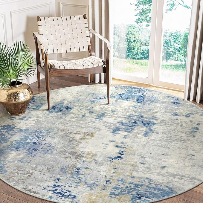 Lahome Modern Abstract Round Rug - 6Ft Large Blue Living Room Rug Washable 6x6 Circle Rugs for Bedroom Dining Room, Contemporary Indoor Office Carpet for Entryway Kitchen Table Home Nursery