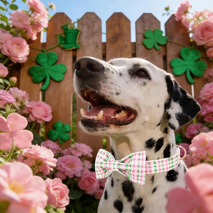 Maca Bates St. Patrick's Day Irish Plaid Dog Collar with Fancy Bow Tie,Cherry Pink Green Gingham Pattern for Small Girl Boy Dogs,Adjustable Durable Soft Collars Gift for Male Female Puppy