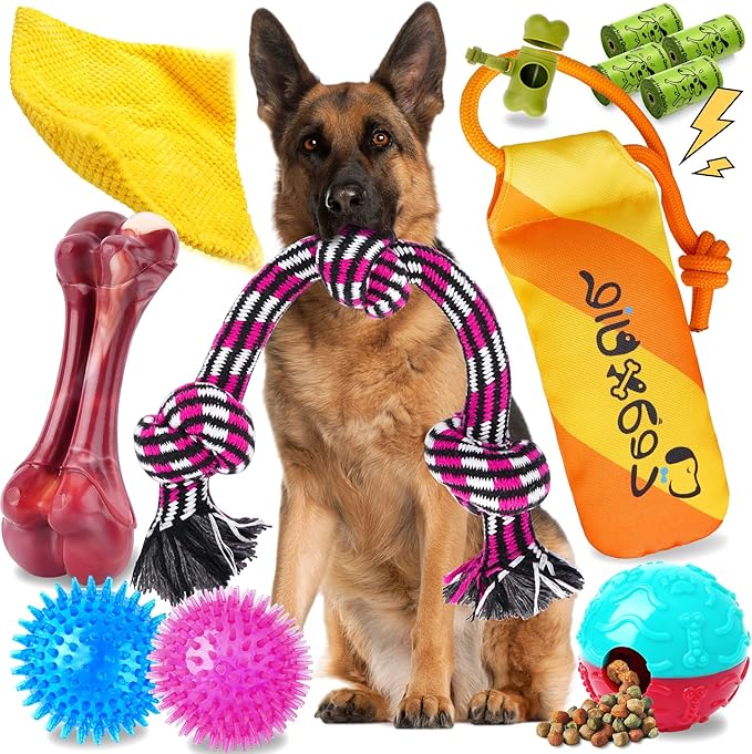 Zeaxuie 12 Pack Long-Lasting Heavy Various Dog Chew Toys Pack for Aggressive Chewers,Includes Dog Rope Toy,Squeaky Toys & Indestructible Chew Bone for Medium,Large & X-Large Breeds Dogs