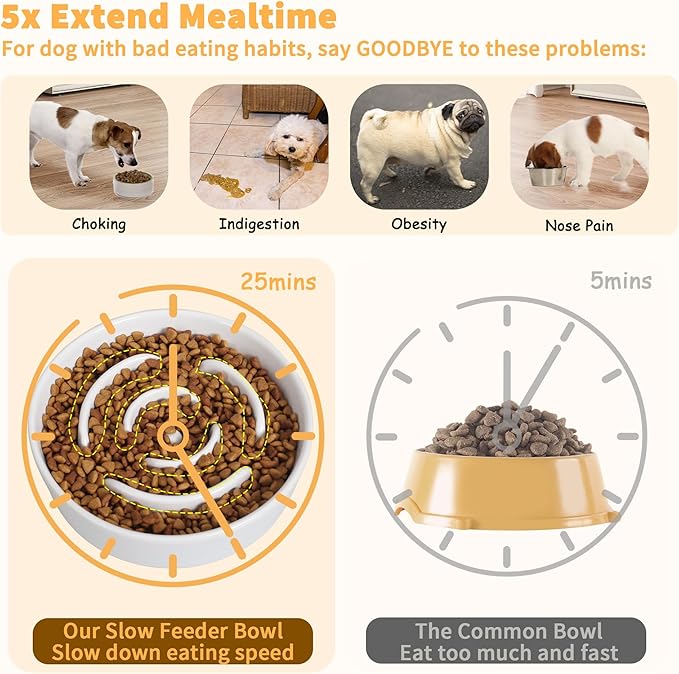 Elevated Slow Feeder Dog Bowl - Ceramic Maze Food Dish with Bamboo Stand - Raised Feeding Bowl for Fast Eaters - Ideal for Small and Medium Dogs - White - 6.7 inch
