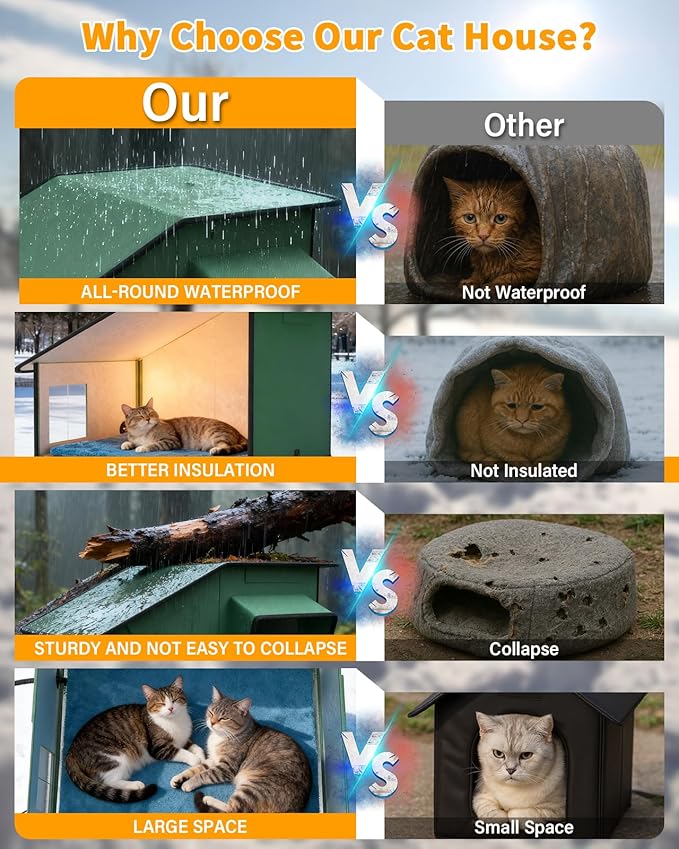 Heated Cat House for Outside, Elevated Cat Shelter with Heating Pad & Escape Door, Extremely Insulated Outdoor Cats Shelter for Feral Cats, Community Pets, Kittens