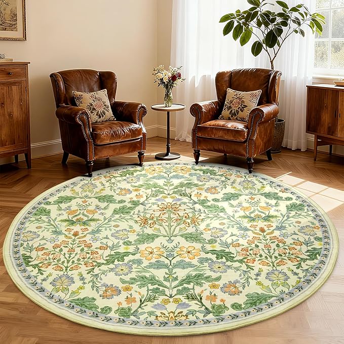 Floral Area Rug for Living Room: 6x6 Washable Soft Low Pile Thin Indoor Carpet, Non Slip Stain Resistant Vintage Flower Boho Accent Large Rugs for Bedroom, Dining, Home Office, Nursery - Ivory