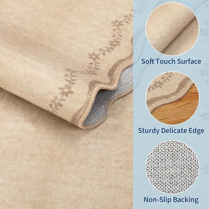 GarveeHome 5x7 Scalloped Area Rug Tan Jute Washable Rugs for Living Room Bedroom, Soft Low Pile Non Slip Accent Floor Mat Solid Floral Print Throw Rug Farmhouse Indoor Carpet for Dorm Playroom