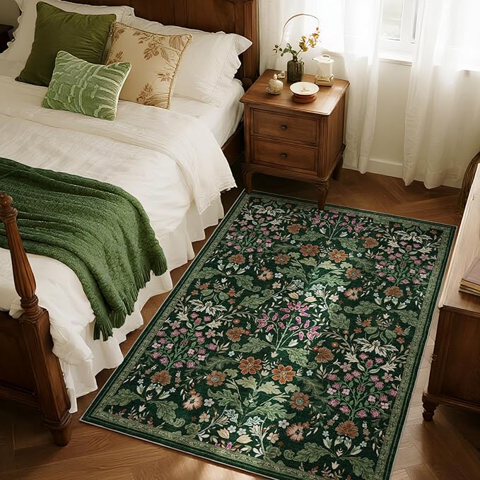 Floral Area Rug for Living Room: 4x6 Washable Soft Low Pile Thin Indoor Carpet, Non Slip Stain Resistant Vintage Flower Boho Accent Rugs for Bedroom, Dining, Home Office, Nursery - Green