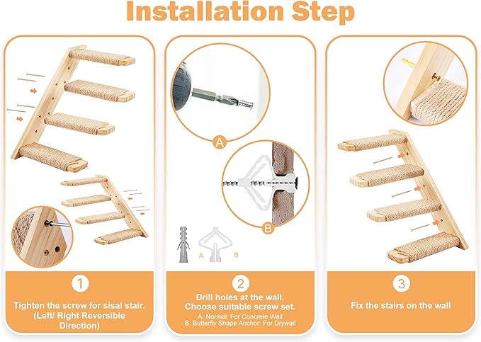 Cat Climbing Shelves Four Stair Shelf Wall Mounted Reversible Left & Right Direction, Cat Stairway Shelf for Climbing with Sisal Rope Ladder Wall Pets Furniture