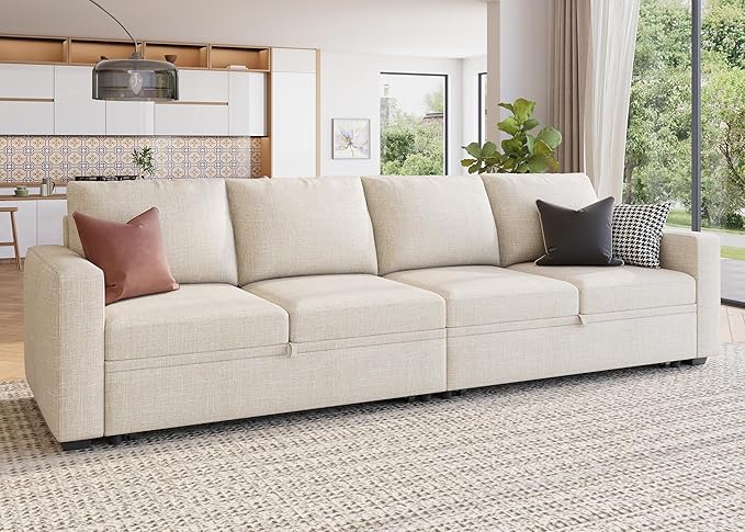 HONBAY Modular Sectional Sleeper Sofa Bed, with Pull Out Bed, Linen Convertible Sectional Couches for Living Room - Beige