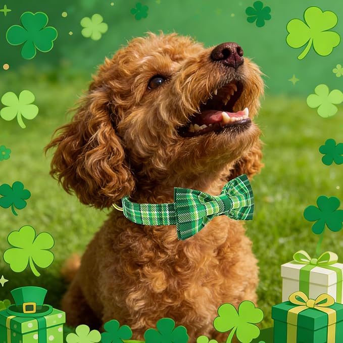 Maca Bates St. Patrick's Day Irish Plaid Dog Collar with Fancy Bow Tie,Shamrock Green Gingham Pattern for Large Girl Boy Dogs,Adjustable Durable Soft Collars Gift for Male Female Puppy