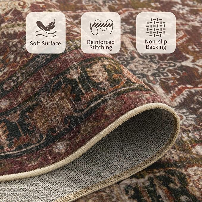 8x10 Area Rugs for Living Room Bedroom, Large Washable Christmas Rug, Vintage Oriental Boho Rug, Non Slip & Low Pile Faux Wool Thin Carpet for Indoor Dining Room and Kids Room(Red 8x10ft)