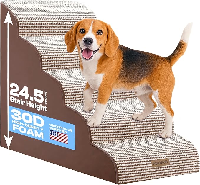 Curved Dog Stairs for High Bed Up to 26", 5-Step Dog Ramp for Small Dogs with Washable Cover, Non-Slip Steps for Cats to Get on Couch and Sofa, Durable Foam Ladder for Medium Breeds, White Coffee