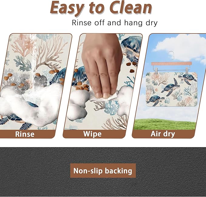 Turtle Dog Cat Food Mat,Coral Absorbent Pet Feeding Mat for Food and Water,Non-Slip Dog Bowl Mats Floor Protector 12"x20"