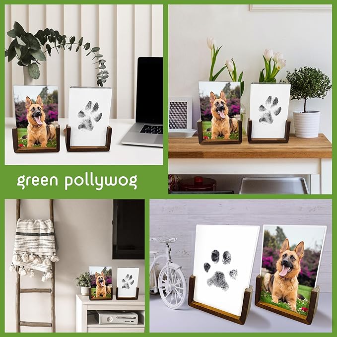 Green Pollywog | Wood Base Pawprint Frame Kit | (2) 4” x 6” Vertical Wooden Picture Frames | Extra-Large Clean Touch Ink Pad | Dog Paw Print Gifts | No Mess Ink Pad | Pet Memorial Picture Frame