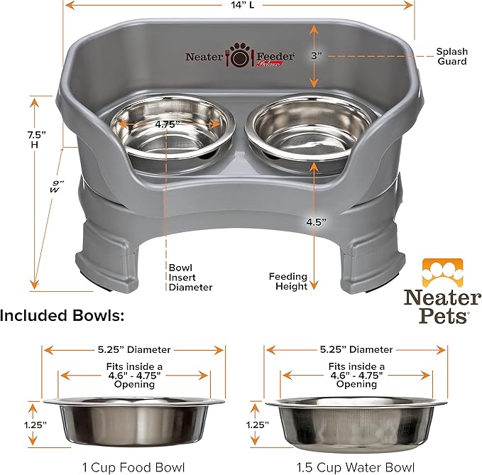 Neater Feeder Deluxe Mess Proof Cat Bowls Elevated for All Breeds – Made in USA – No Spill Raised Cat Bowls for Indoor Cats w/Leg Extensions – Stainless Steel Cat Food and Water Bowl Set - Grey
