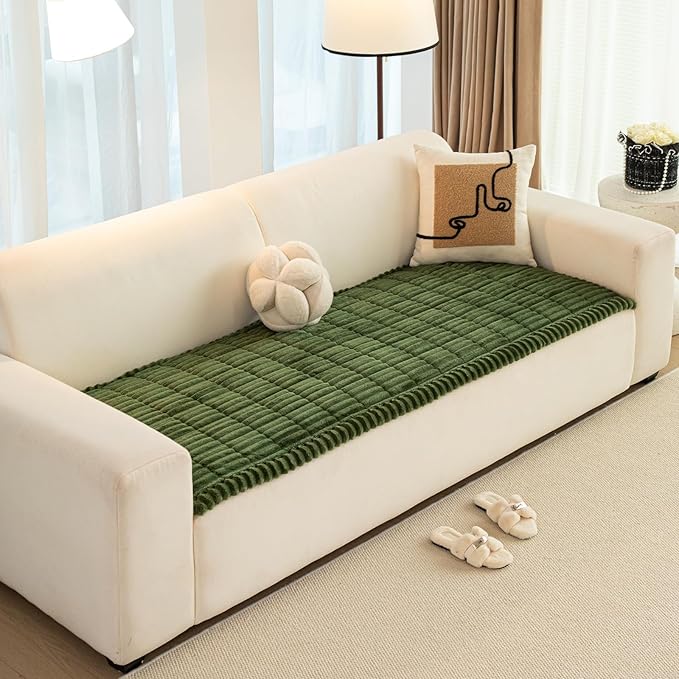 Christmas Faux Fur Plush Dog Couch Cover, 3D Stripe Fuzzy Sofa Covers, Non-Slip Fluffy Dog Bed Cover Pet Blanket, Washable Furniture Protector for Puppy Cat (Dark Green,28"x94")