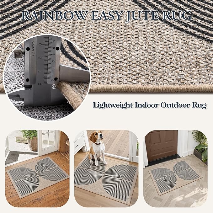 Lahome Rainbow Easy Jute Rug, 20"x32" Front Door Welcome Mat Non Slip Entry Way Rugs Indoor, Farmhouse Nature Washable Non Shedding Low Pile Floor Carpet for Porch
