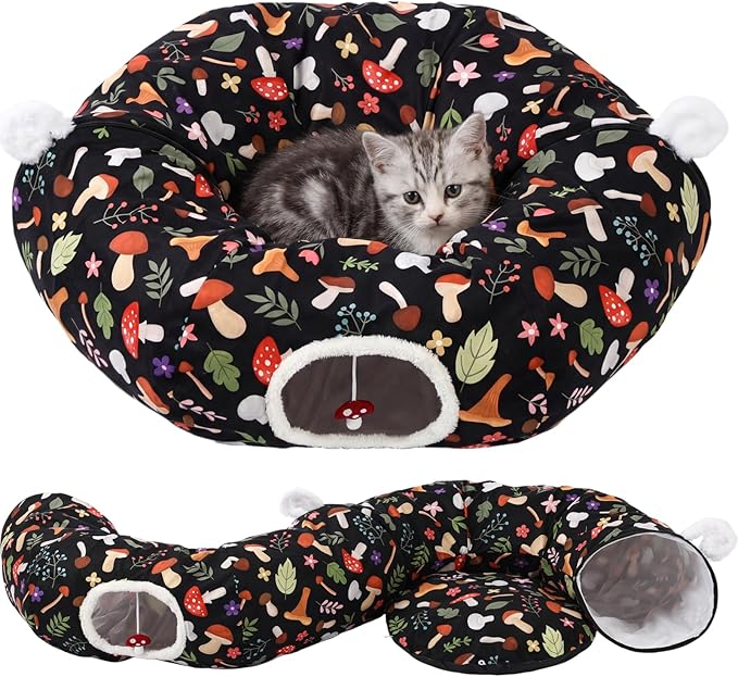 Aliceset Mushroom Spring Cat Tunnel Bed for Indoor Cats 3ft x 3ft x 10in Foldable Cat Donut Tunnel with Washable Cushion Mushroom Pet Peekaboo Cave Toy for Small Kitten Kitty