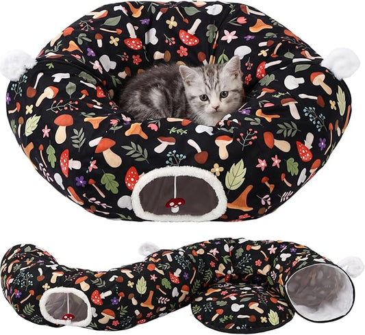 Aliceset Mushroom Spring Cat Tunnel Bed for Indoor Cats 3ft x 3ft x 10in Foldable Cat Donut Tunnel with Washable Cushion Mushroom Pet Peekaboo Cave Toy for Small Kitten Kitty