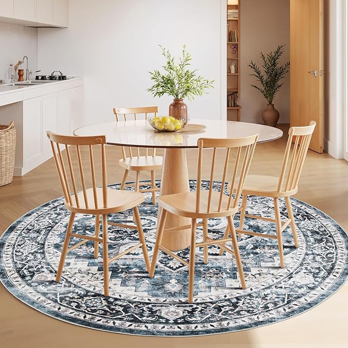 AMADA HOMEFURNISHING 5ft Area Rugs, Blue Low-Profile Washable Rug with Non-Slip Backing & Durable Edge Binding, Vintage Rugs for Living Room, Bedroom, Dinning Room