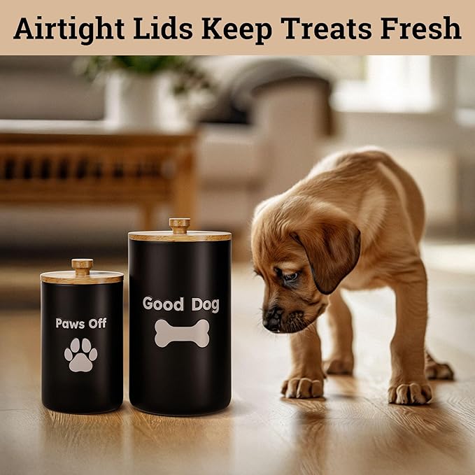 Dog Treat Container Airtight Set of 2 - 9x5 & 7x4 inch Ceramic Dog Treat Jars for Kitchen Counter with Airtight Lids - 11 Cup Capacity Pet Treat Container Set - Doggie Cookie Jar - Big Treats Canister