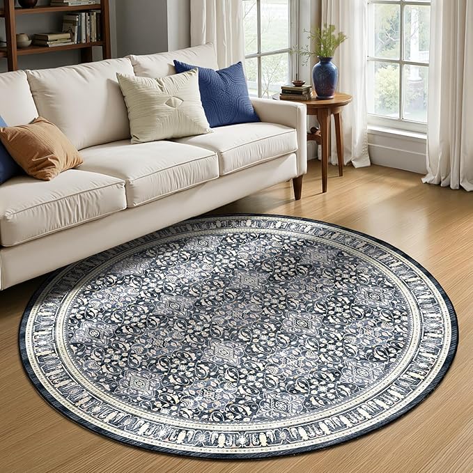 Dark Blue Round Rugs 6ft for Living Room, Washable Round Carpet with Rubber Backing for Kitchen Dining Room, Low Pile Thin Circle Rug for Bedroom Nursery, Transitional Moroccan Floral Trellis