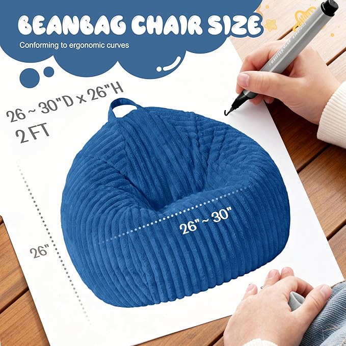 Homguava 2Pcs of 2FT Bean Bag Chair, 2' Small Bean Bags with Memory Foam Filled, Beanbag Chairs with Machine Washable Cover Dutch Corded Plush Cover for Classroom,Living Room,Bedroom-Blue