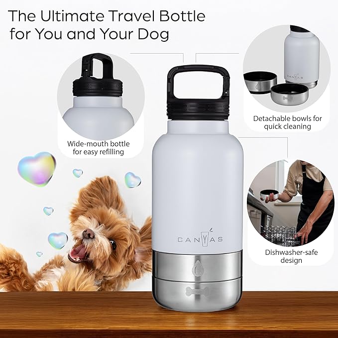 Insulated 32oz Stainless Steel Dog Water Bottle with Food & Water Bowls, Leak-Proof Pet Travel Dispenser for Dogs, Portable for Hiking, Walking, Outdoor