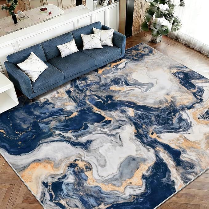 Yinhua Marble Area Rug 6x9, Modern Washable Rug Non Slip, Soft Faux Wool Abstract Rugs Non Shedding, Low Pile Living Room Rugs Pet Friendly, Blue and Gold Carpet for Bedroom Nursery Office