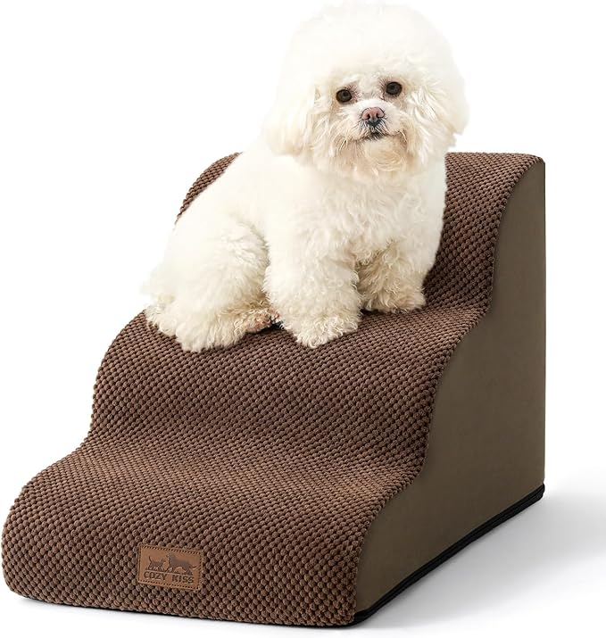 Dog Stairs for Small Dogs 15.7" H, Curved Dog Step for Puppy, Older Cat, Medium Pet Ramp for Sofa, Couch or Chair, Ladder with High Density Foam, 3 Step, 15.7x22.4x15.7 inch, Brown