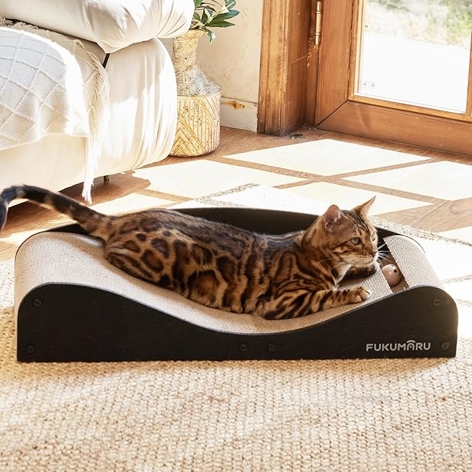 FUKUMARU Cardboard Cat Scratcher Bed, Extra Long 29.1 Inch Cat Scratch Bed Couch Indoor, Natural Felt Multifunctional Cats Scratching Lounger, Horizontal Kitten Cats Scratch Pad with Ball Toy, Black