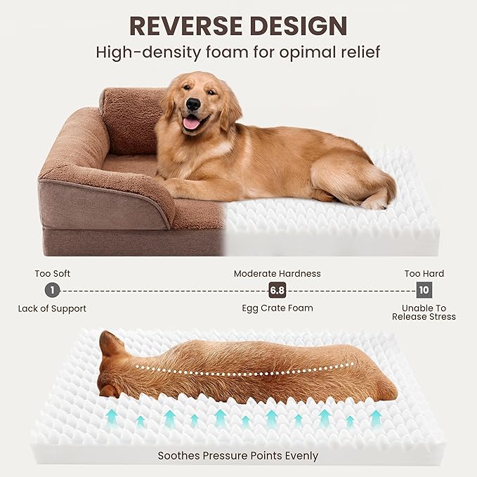 Orthopedic Dog Beds for Medium Size Dogs, Waterproof Egg-Crate Foam Pet Couch Bed with Soft Sides, Non-Slip Dog Sofa with Fleece Removable Washable Cover, 28" L Supportive Pet Sofa, Brown