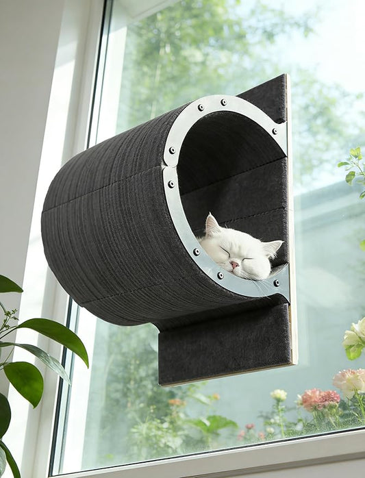Cat Window Perch with Scratching Bed,Versatile Climbing Shelves Mounted by Strong Suction Cups, Solid Metal Frame and Anti-Slip Felt for Hide,Nap and Sunbath, Glass Protection Design(Grey)